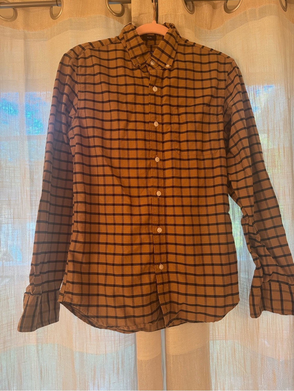 J. Crew Men's Tan and Black Plaid Button-Down Shirt